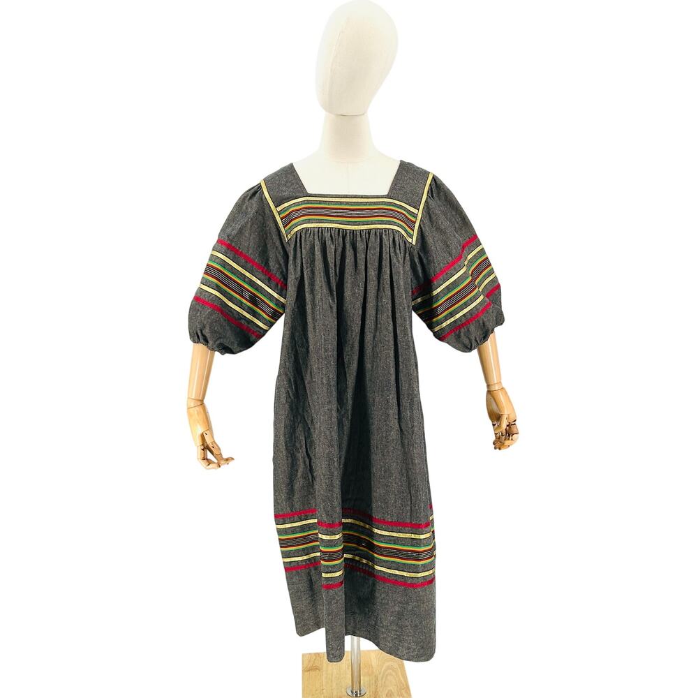 Vintage 70s Krist Gudnason Gray Striped Ribbon Trim Puff Sleeve Muumuu Dress